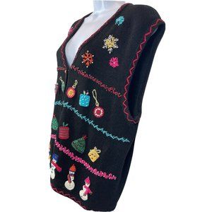 White Stag Knitted Christmas Holiday Bead Black Multicolor Vest Sweater Sz XL